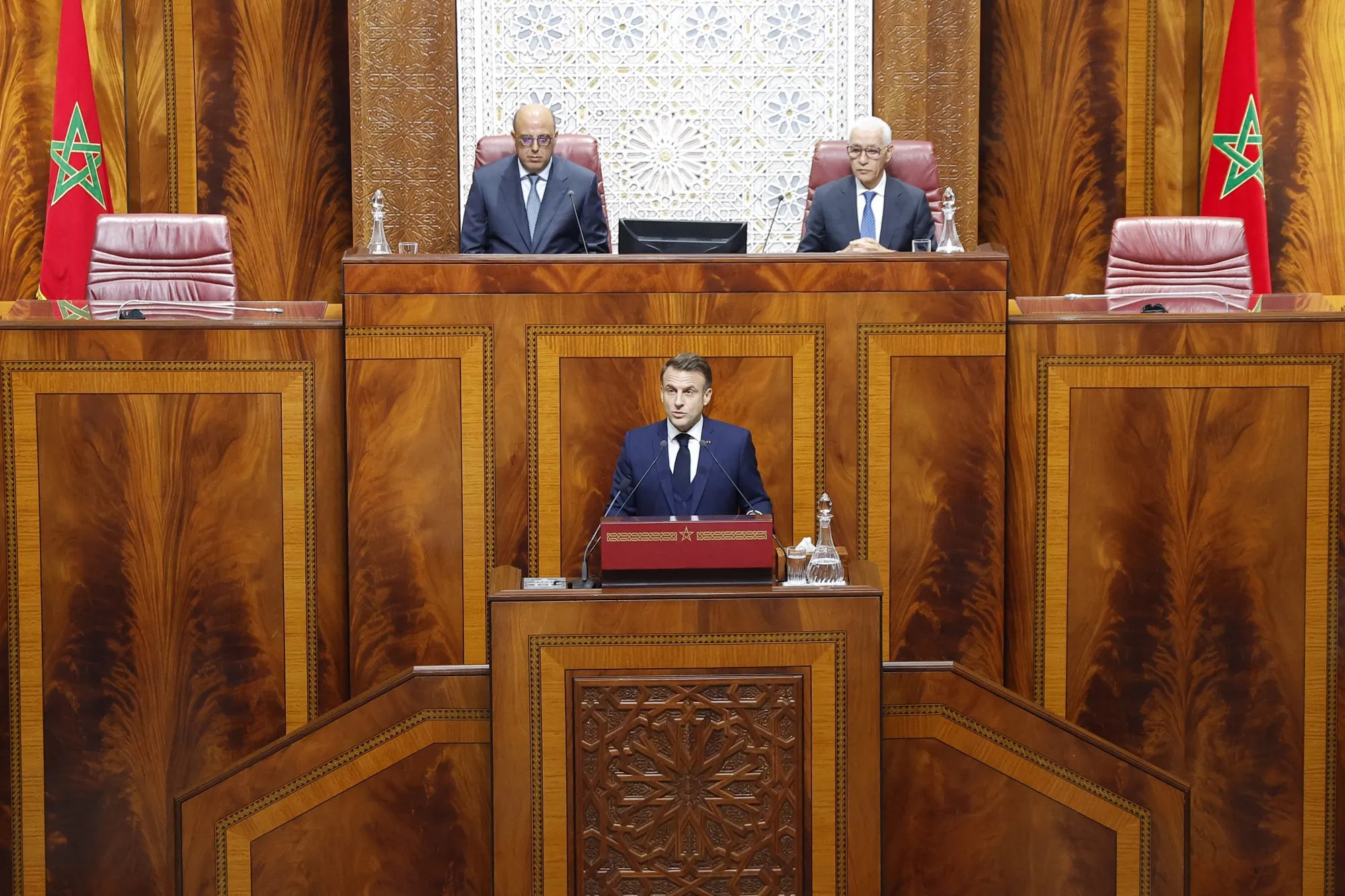 Emmanuel Macron speaks in Morocco’s parliament in Rabat, on Oct. 29.