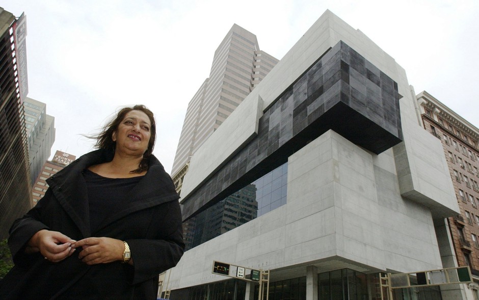 Architect Zaha Hadid stands outside the Lois & Richard Rosenthal Center for Contemporary Art building she designed in Cincinnati.