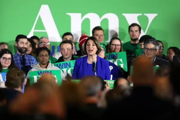 Amy Klobuchar&nbsp;speaks on stage during a primary night event&nbsp;in Concord, New Hampshire on Feb. 11.