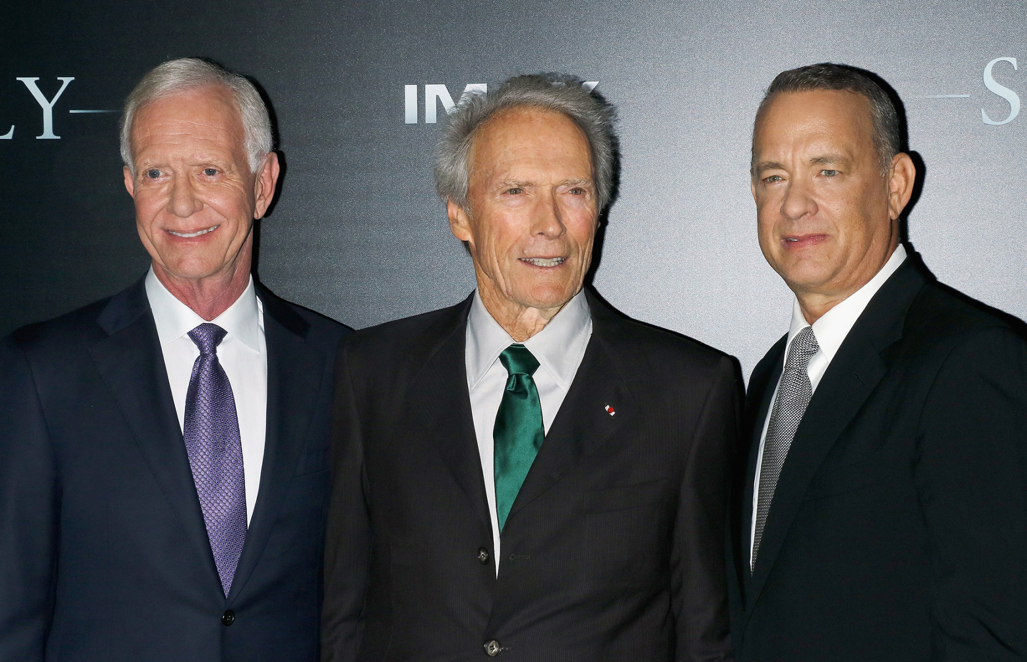 Retired airline captain Chesley 'Sully' Sullenberger, director Clint Eastwood and actor Tom Hanks attend the 'Sully' New York premiere on Sept. 6, 2016.
