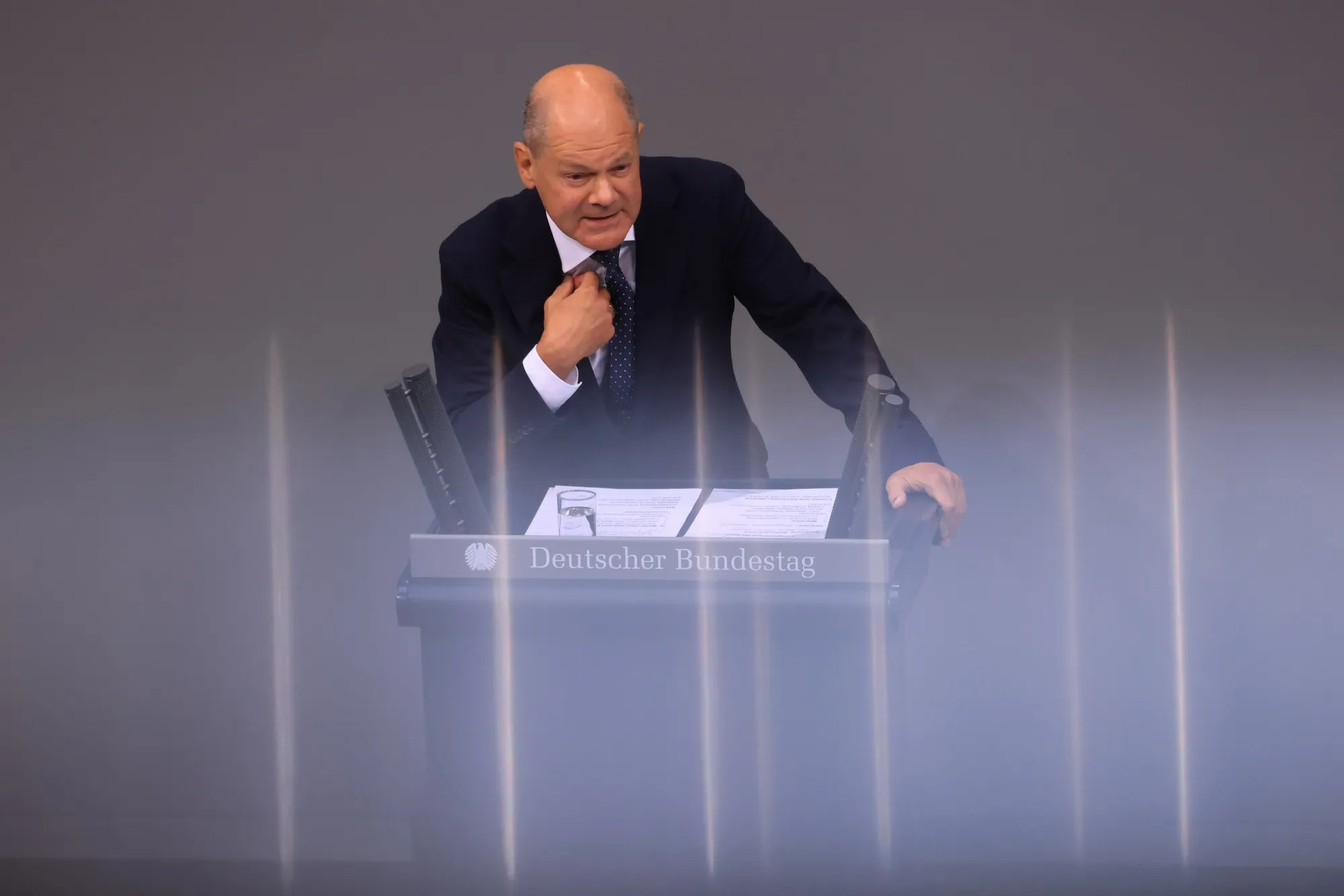 Olaf Scholz addresses the Bundestag in Berlin, on Sept. 11.