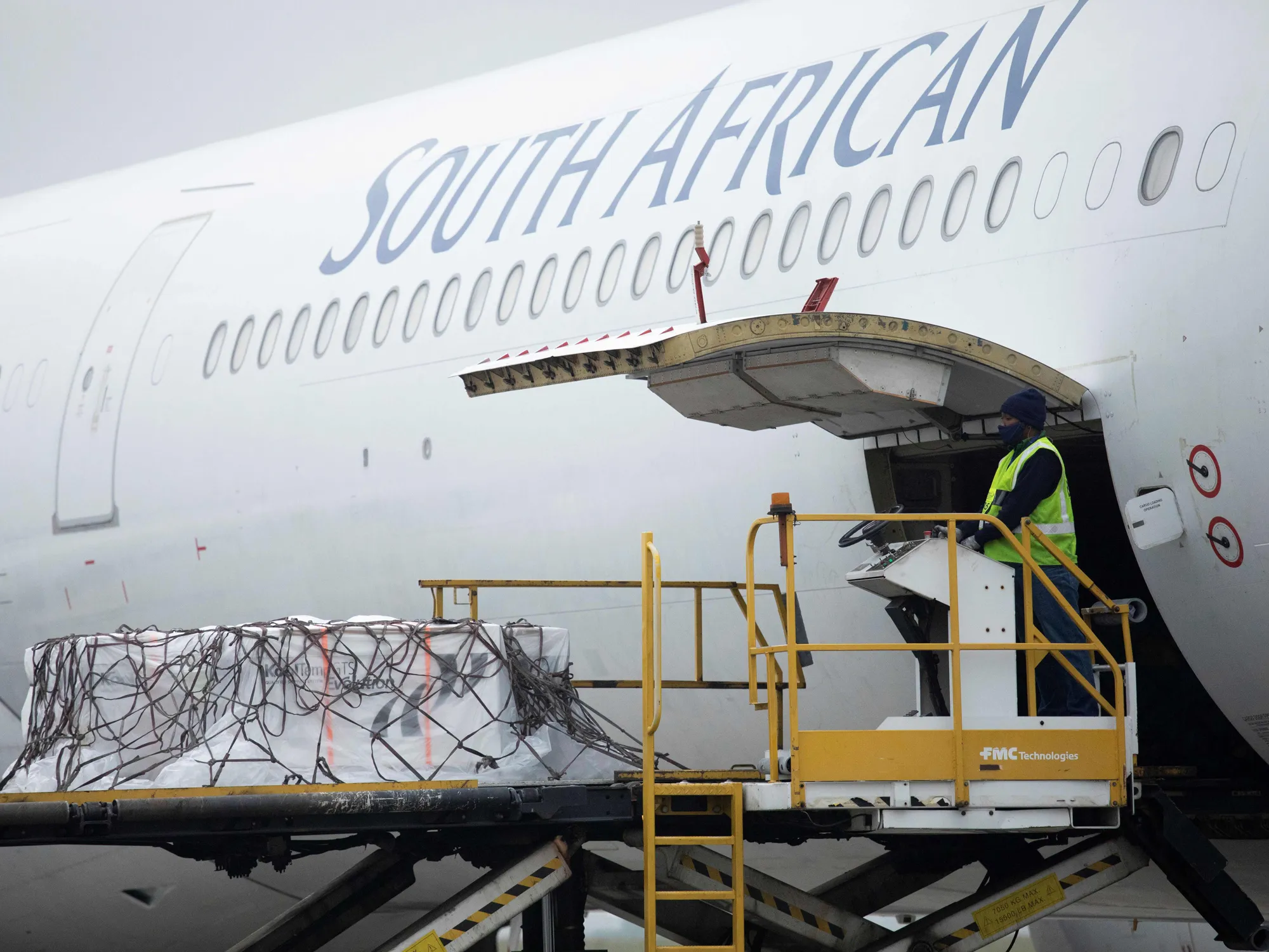 Johnson &amp; Johnson Covid-19 vaccines are unloaded at O R Tambo International Airport in Johannesburg.