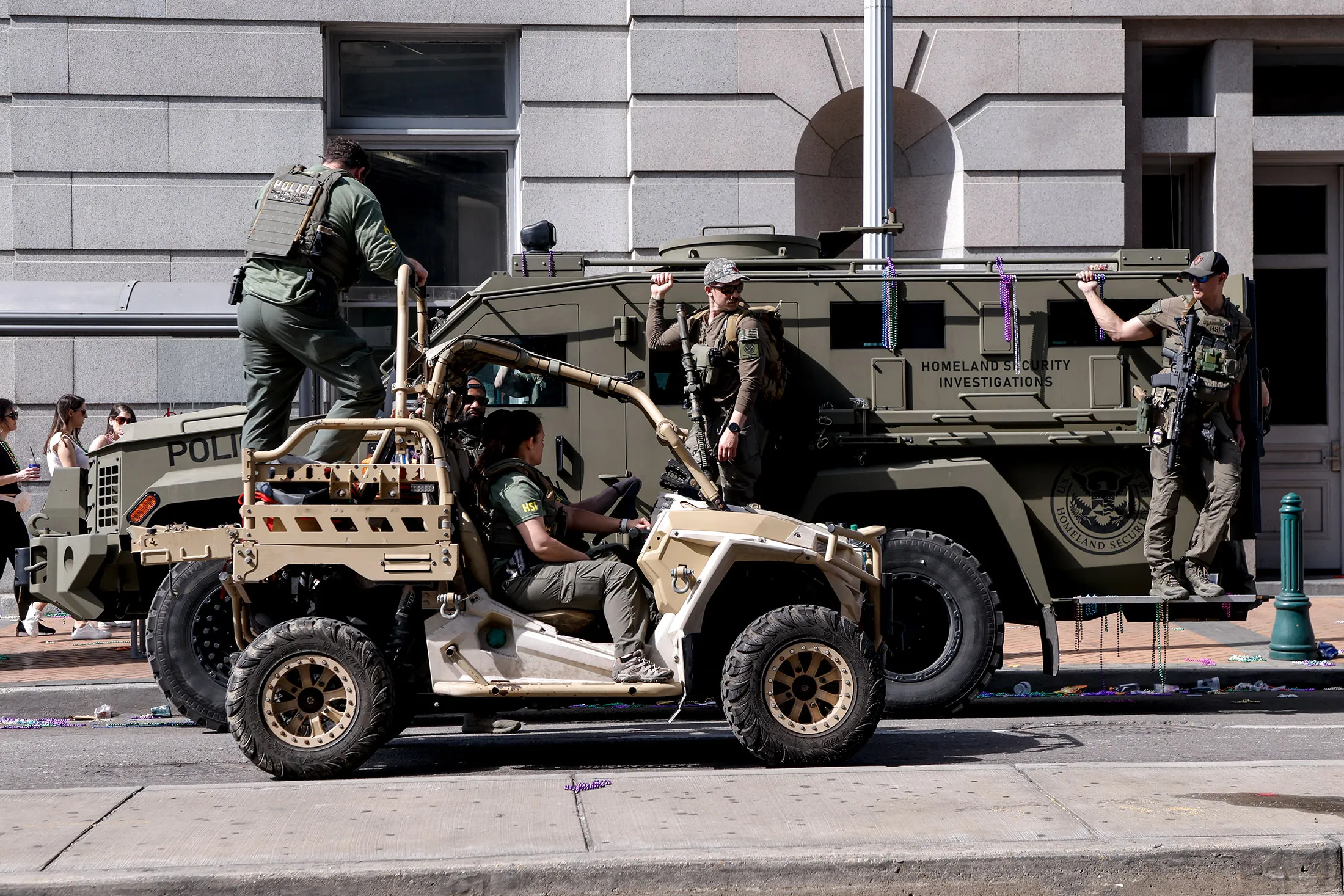 Police and military personnel stand guard&nbsp;around the French Quarter following the Bourbon Street attack, a day prior to Super Bowl LIX in New Orleans, Louisiana,&nbsp;on Feb. 8.