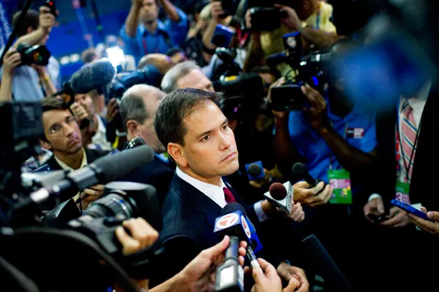 Senator Marco Rubio, R-Fl., is mobbed by the press before the start of the third day of the 2012 Republican National Convention