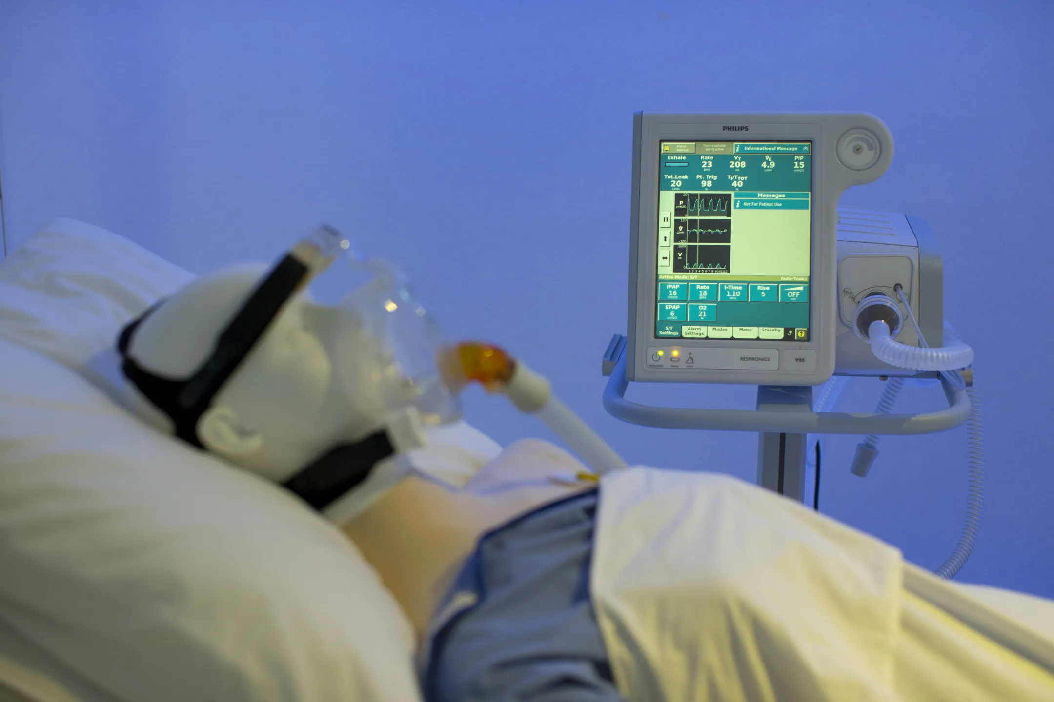 Digital patient monitoring equipment beside a dummy patient&nbsp;in an intensive care unit at the Philips Healthcare showroom in Best, Netherlands.
