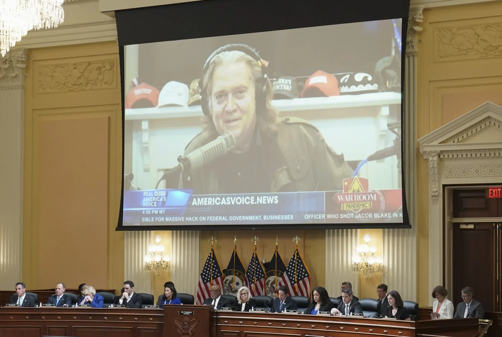 A video of Steve Bannon&nbsp;played on a screen during a hearing of the Select Committee to Investigate the January 6th Attack on the US Capitol in Washington, D.C.,&nbsp; on July 12.