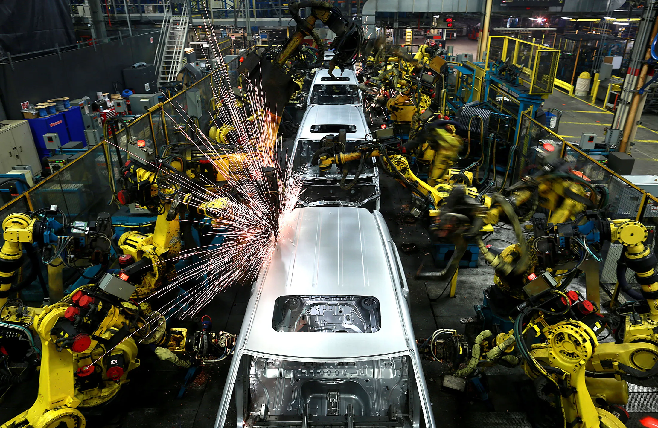 Robots weld car frames in Lincoln, Alabama.
