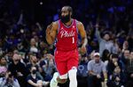 Philadelphia 76ers' James Harden reacts after a basket during the first half of an NBA basketball game against the New York Knicks, Wednesday, March 2, 2022, in Philadelphia. (AP Photo/Matt Slocum)