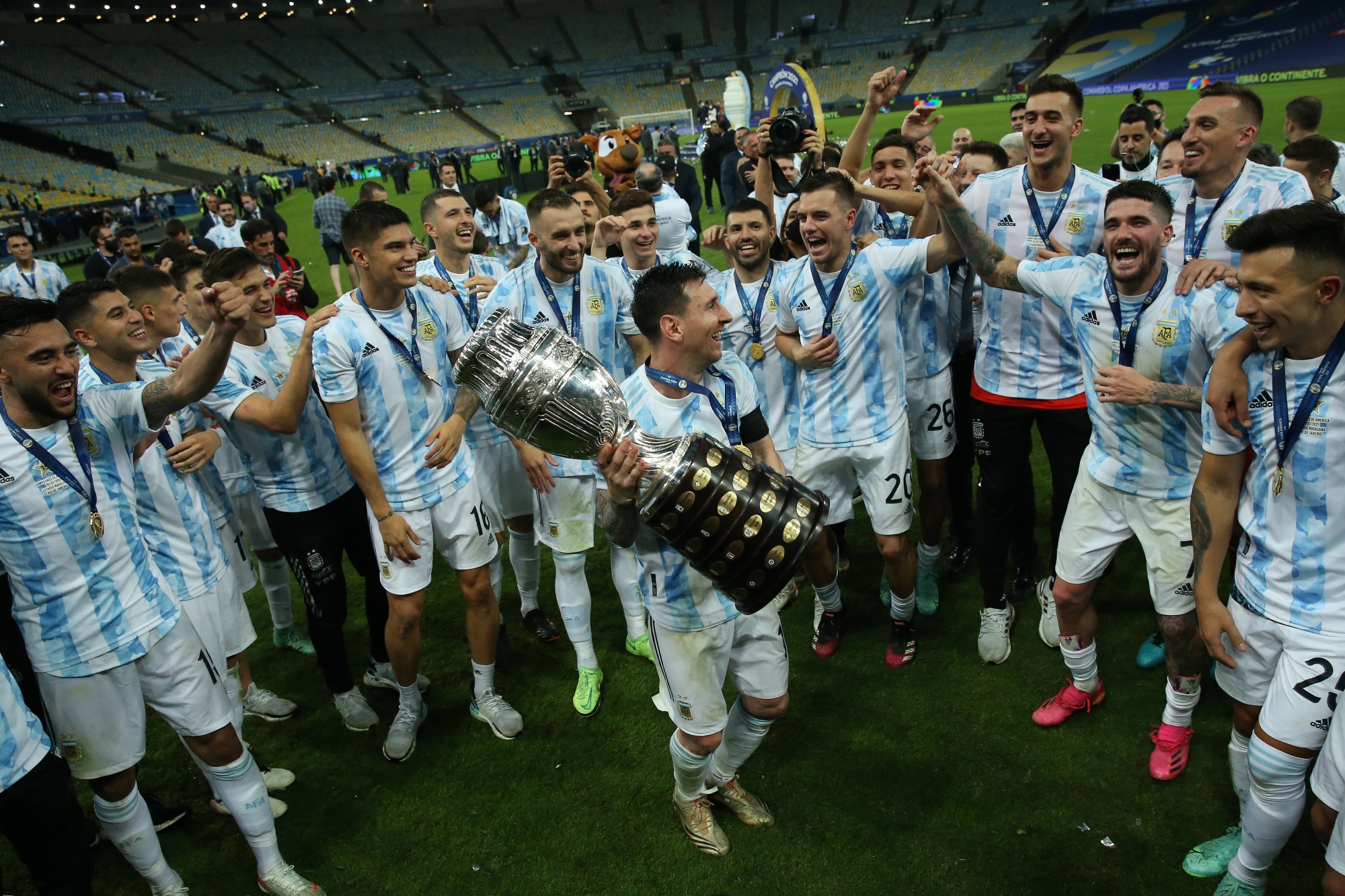  Ecstatic Argentinian players celebrate their Copa America victory.