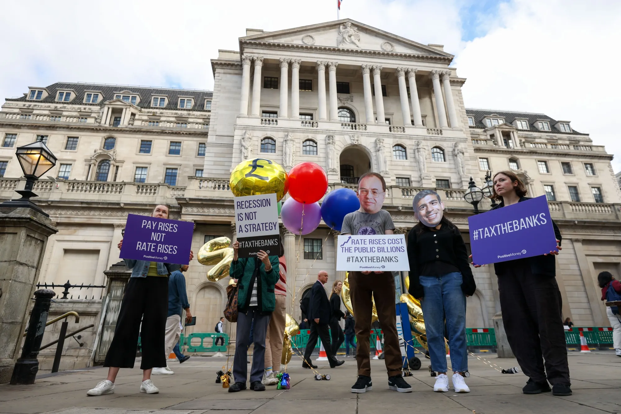Demonstrators protest against the Bank of England’s approach to fighting inflation outside its headquarters in the City of London on Aug. 3, 2023.