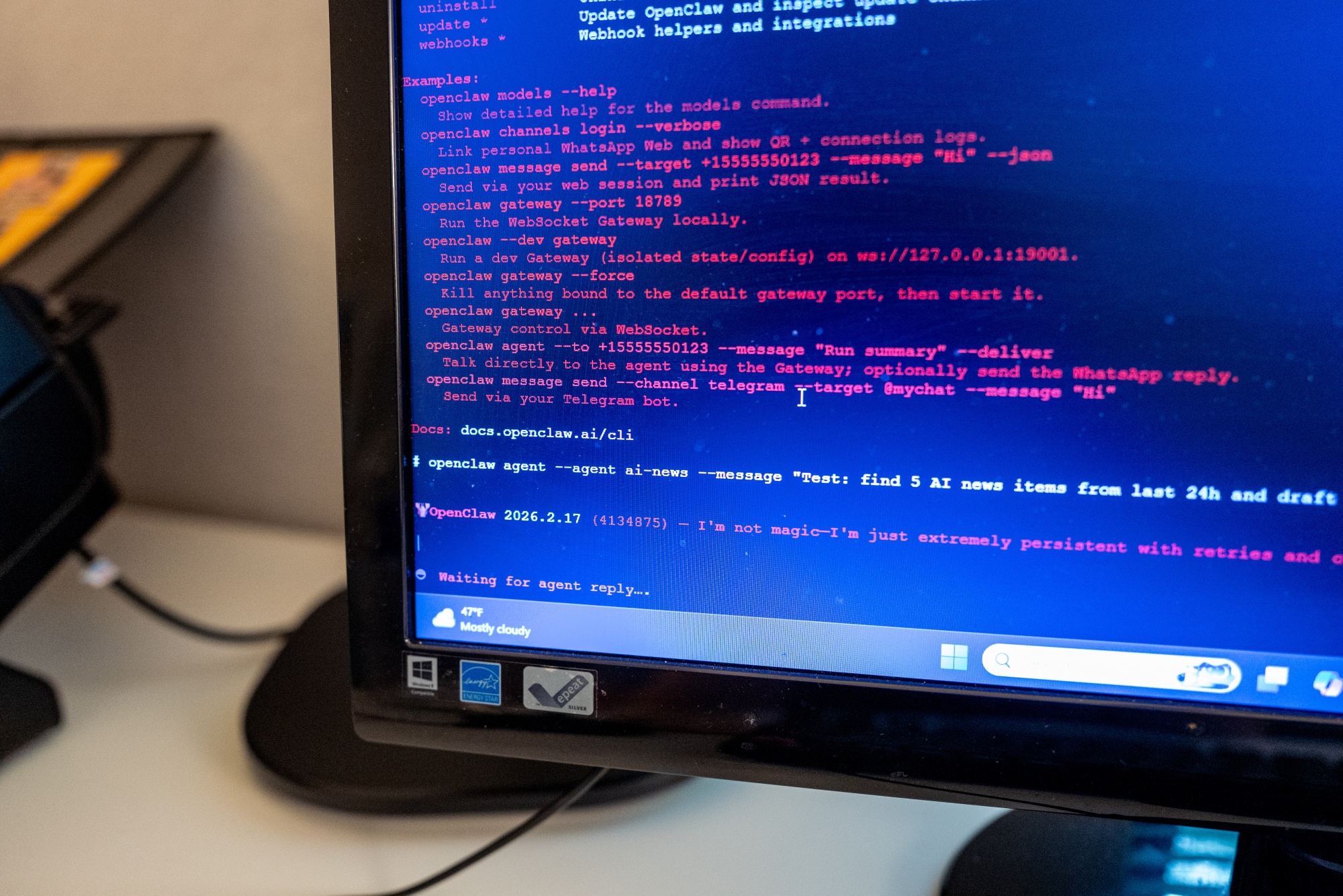 A computer screen shows the Linux terminal running the OpenClaw agentic artificial intelligence platform. Anyone with specialized software skills can access OpenClaw's underlying code and teach it to to learn new 