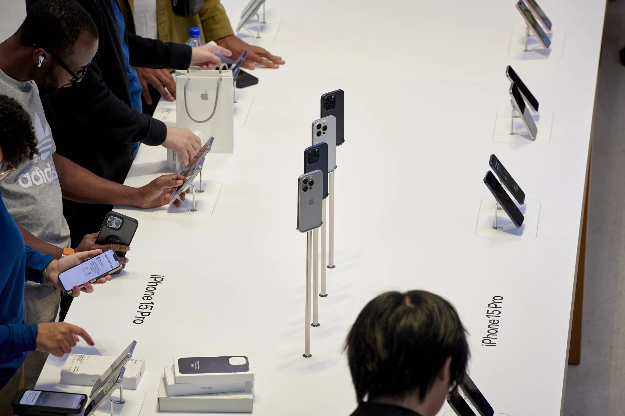 Apple iPhone 15 smartphones on sale at the company's Fifth Avenue store in New York.