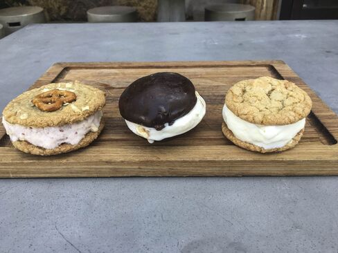 (Left to right) A red bean ice cream sandwich, a Korean chocolate and vanilla sandwich, and a Spam ice cream sandwich.