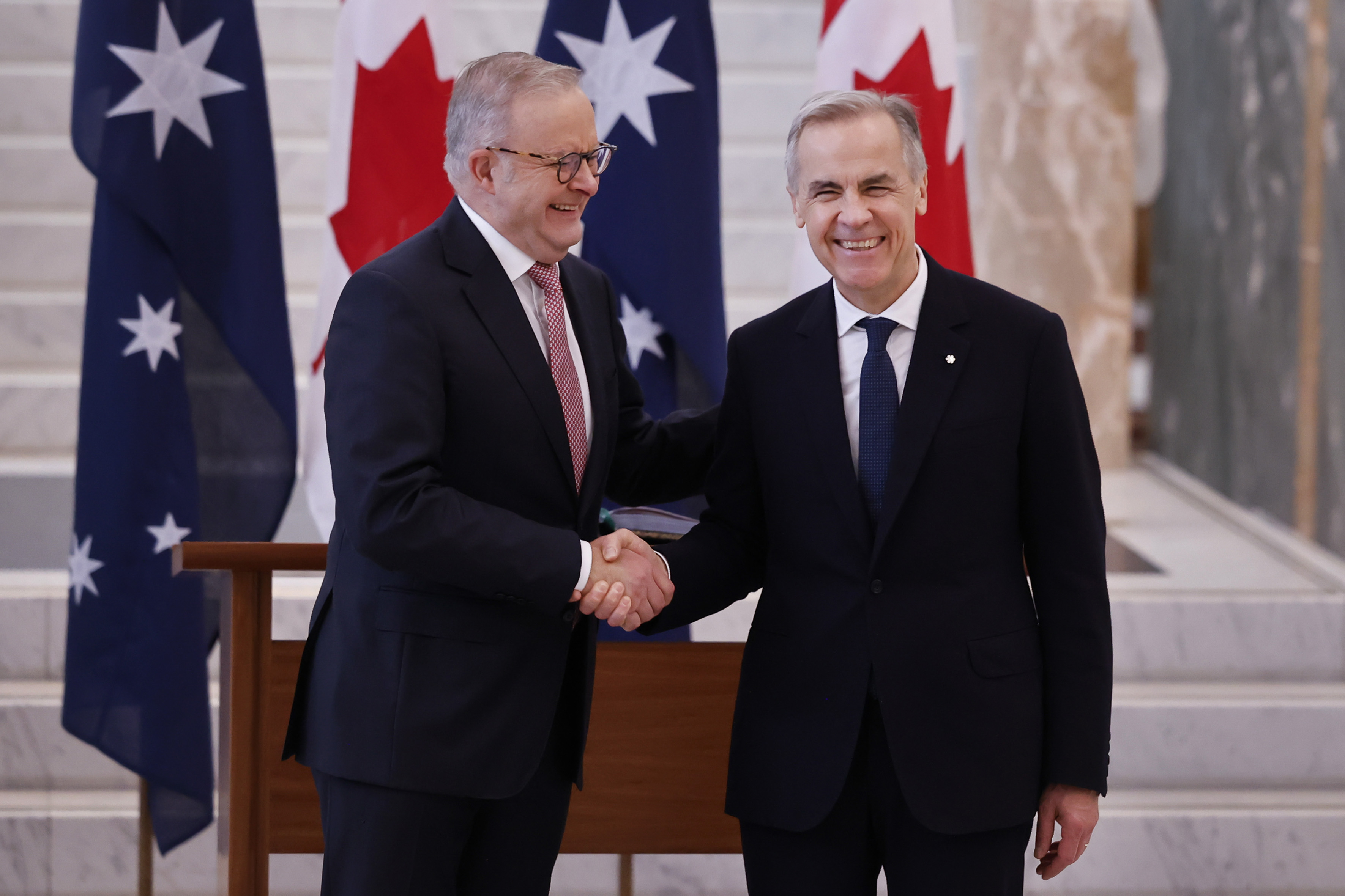 Anthony Albanese with Mark Carney in Canberra. Photographer: Hilary Wardhaugh/Getty Images