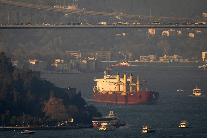 A bulk carrier carrying rapeseed from Ukraine&nbsp;transits the Bosphorus in Istanbul, Turkey, on Nov. 2.