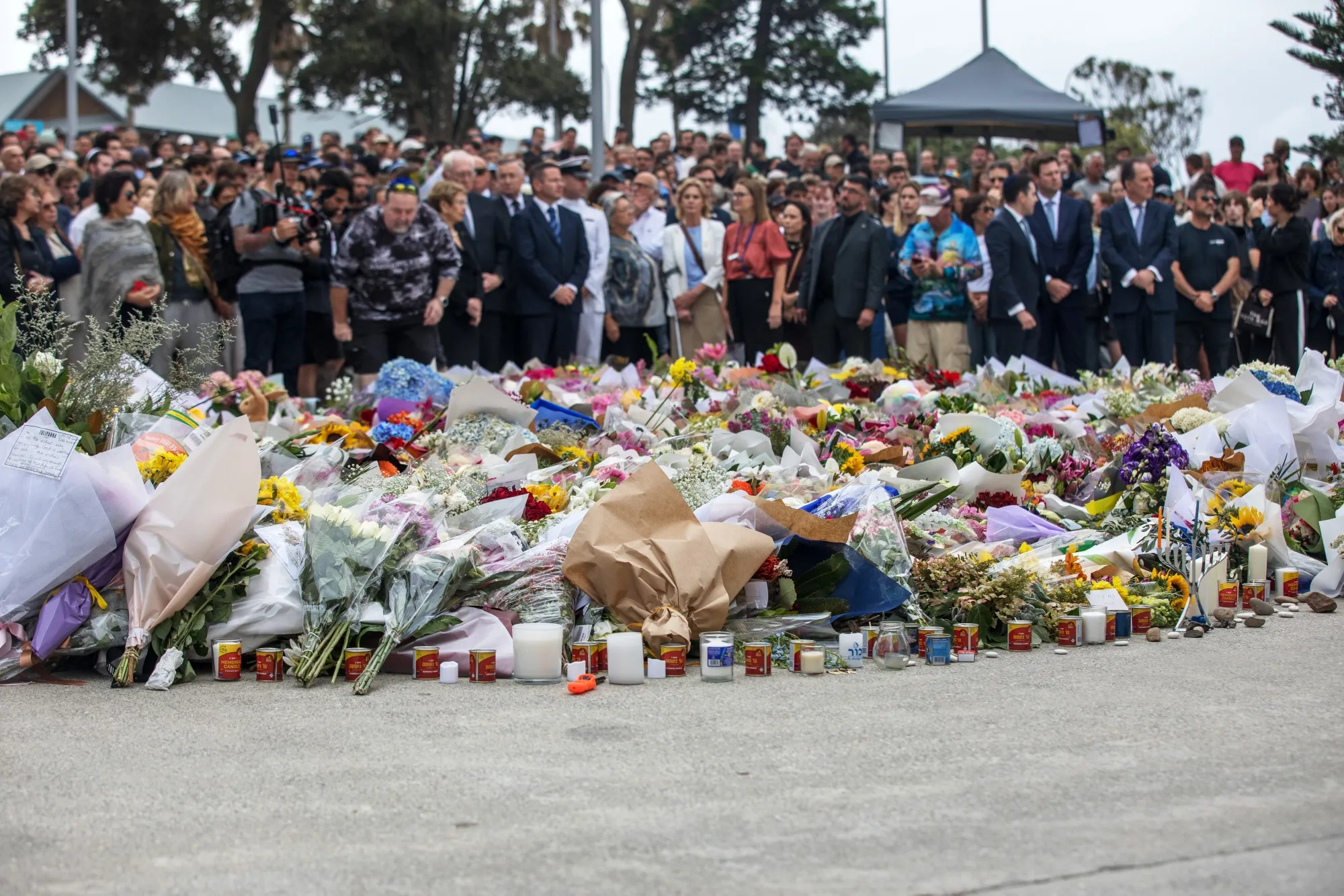 Flowers and candles placed near the site of the mass shooting at Bondi Beach in Sydney on Dec. 15.