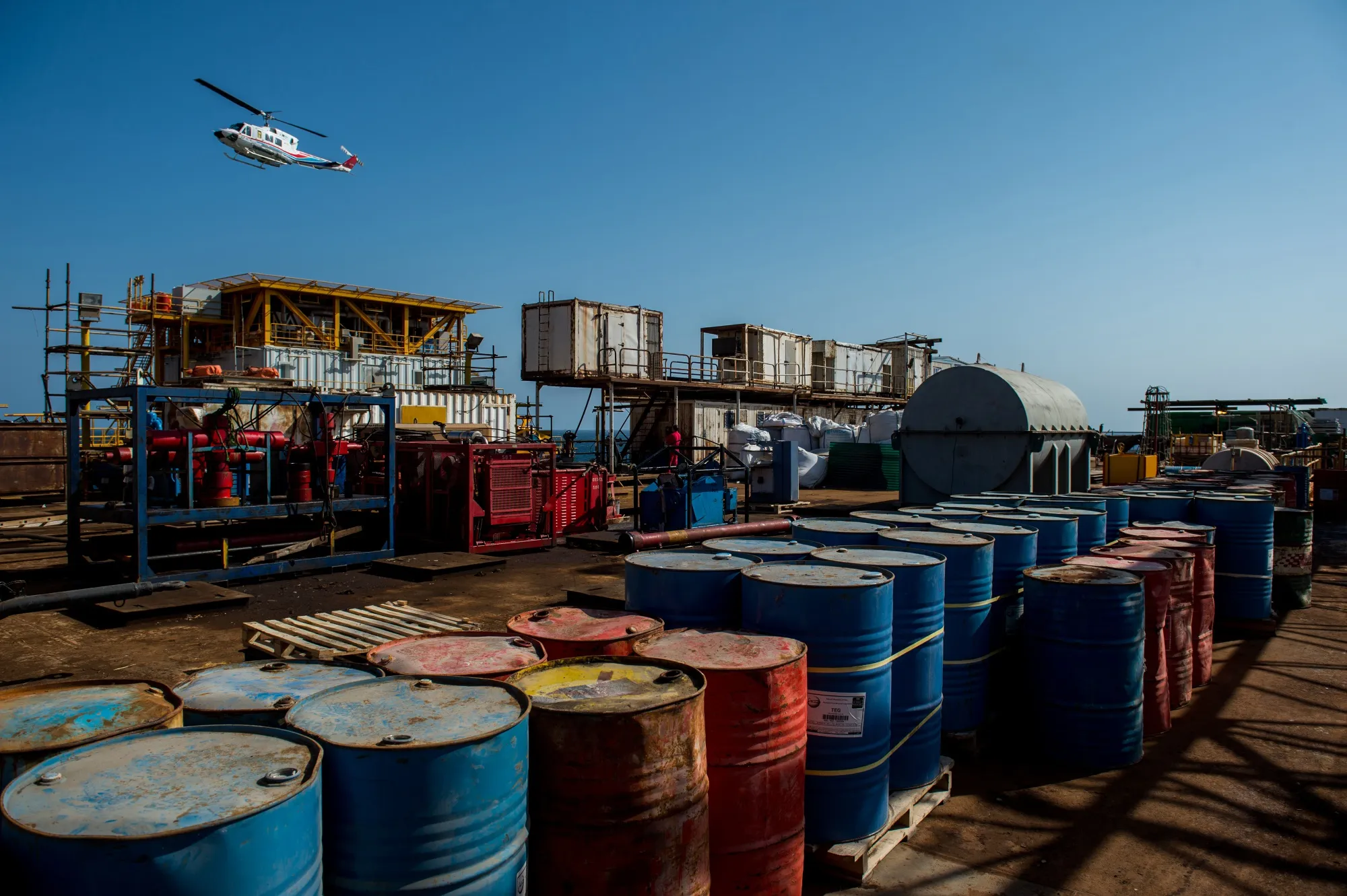 Oil storage drums aboard an offshore oil platform in the Persian Gulf, Iran.&nbsp;