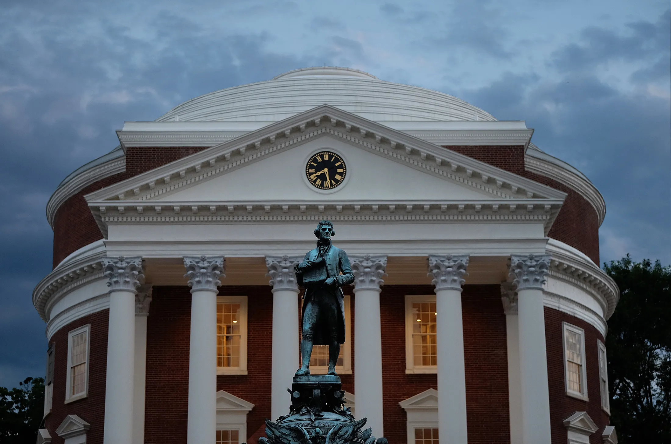 A statue of Thomas Jefferson in front of the rotunda at the University of Virginia in Charlottesville.&nbsp;