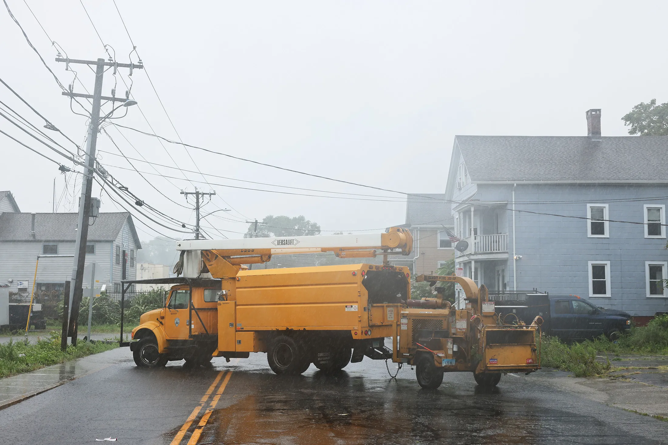 A truck blocks access to a road as Tropical Storm Henri prepares to make landfall in Connecticut on Aug. 22.