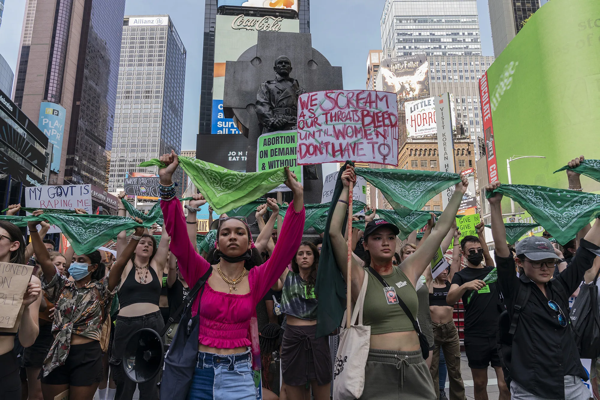 Activists demonstrate their displeasure with the Supreme Court decision on abortion, on July 4.