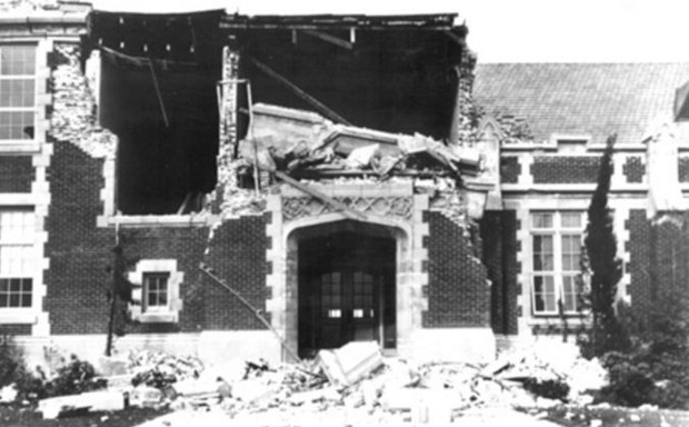 A school lies damaged after the 1933 Long Beach earthquake.