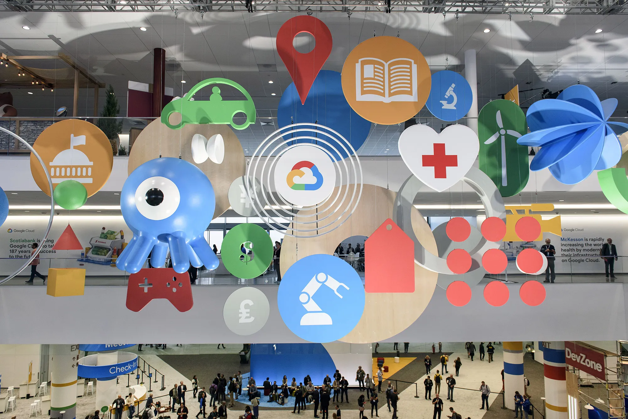 Attendees enter the Google Cloud Next '19 conference in San Francisco, California.