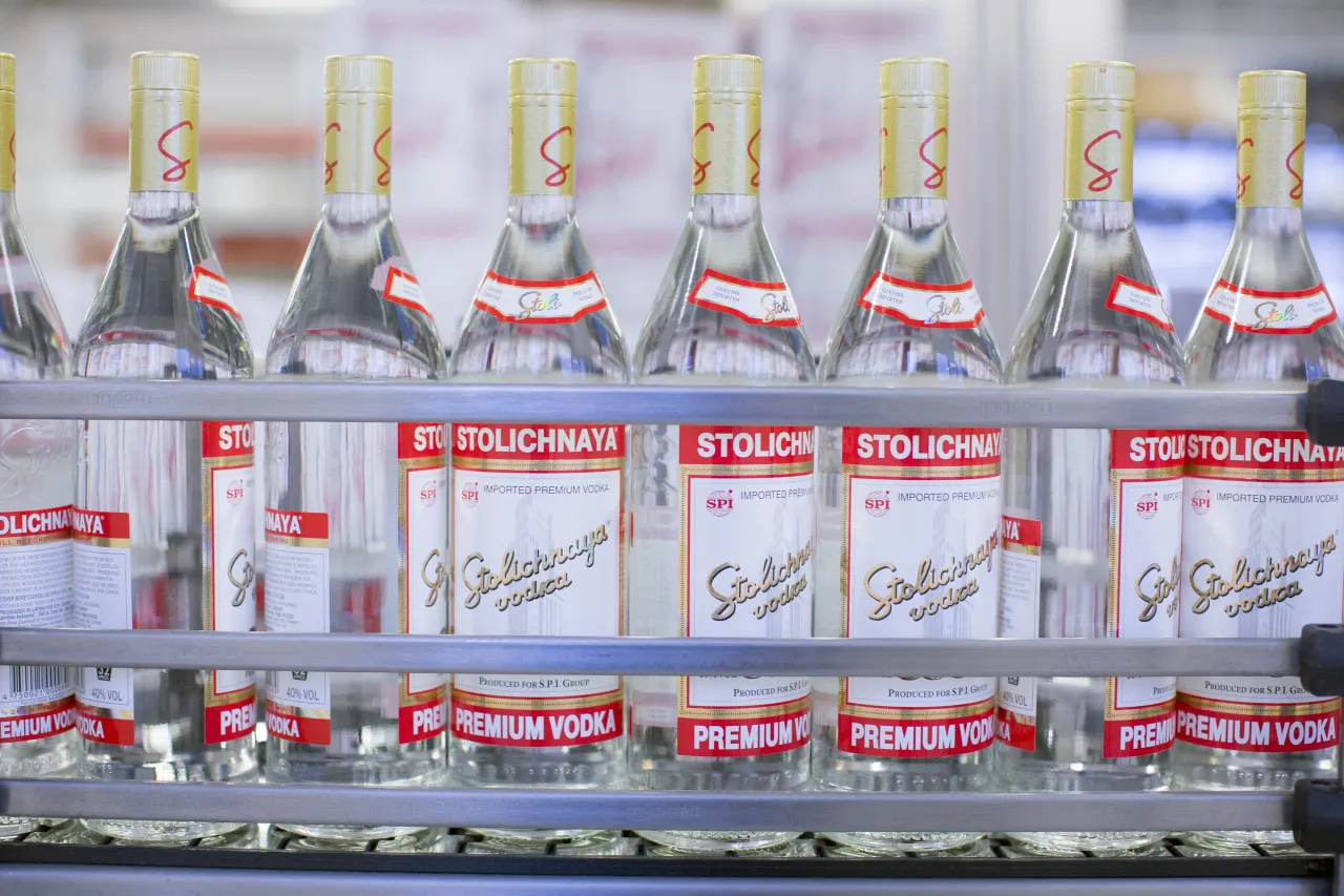 Bottles of Stolichnaya vodka on the production line in Riga, Latvia.