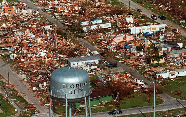 The water tower, a landmark in Florida City, still stands over the ruins of the Florida coastal community that was hit by the force of Hurricane Andrew, on Aug. 25, 1992.
