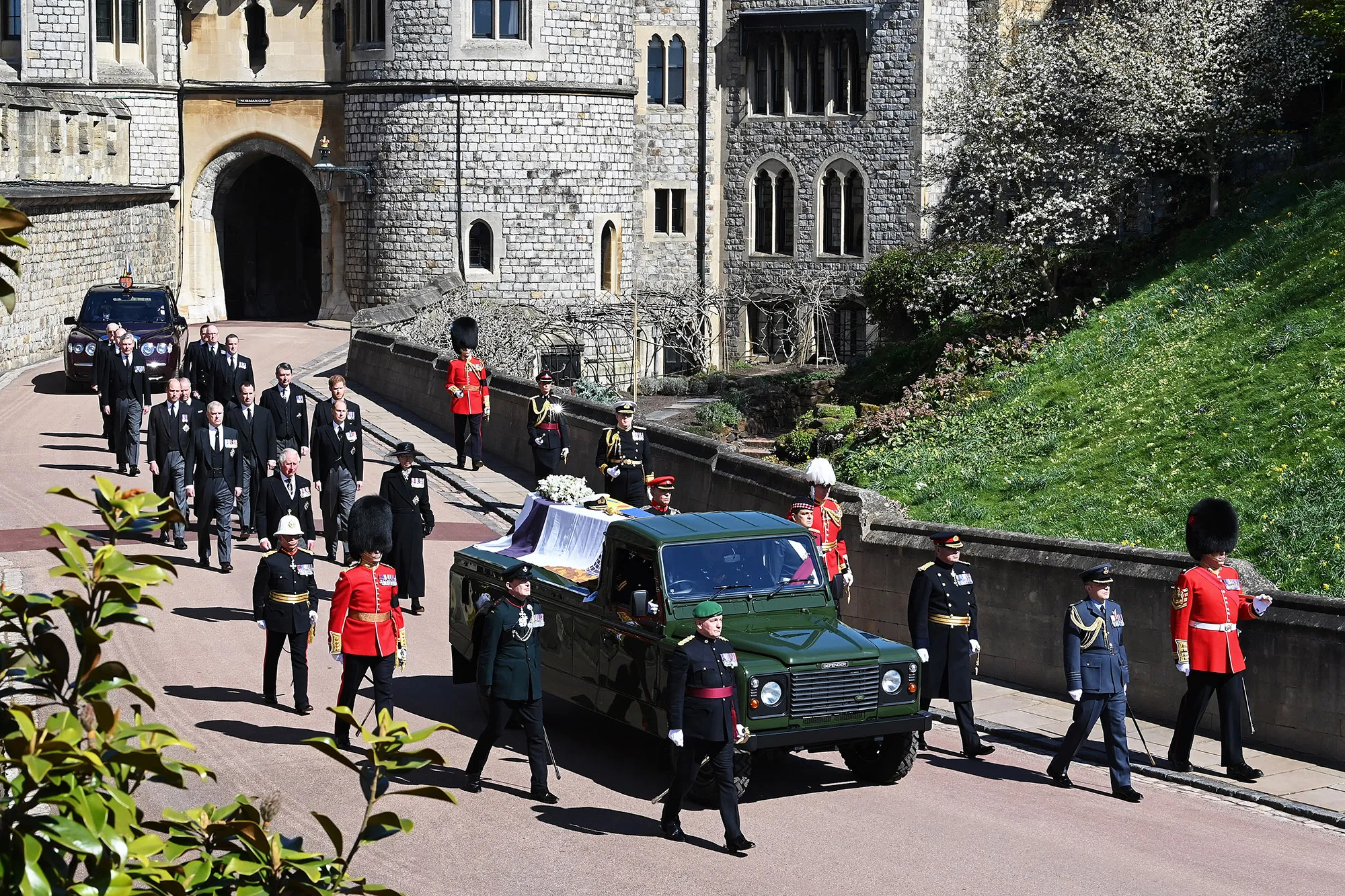 The ceremonial procession during the funeral of Prince Philip, Duke of Edinburgh at Windsor Castle on April 17.&nbsp;