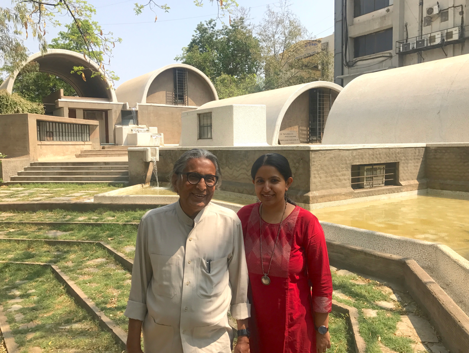 Balkrishna Doshi with his granddaughter and fellow architect, Khushnu Panthaki Hoof, at at their studio, Sangath, in Ahmedabad