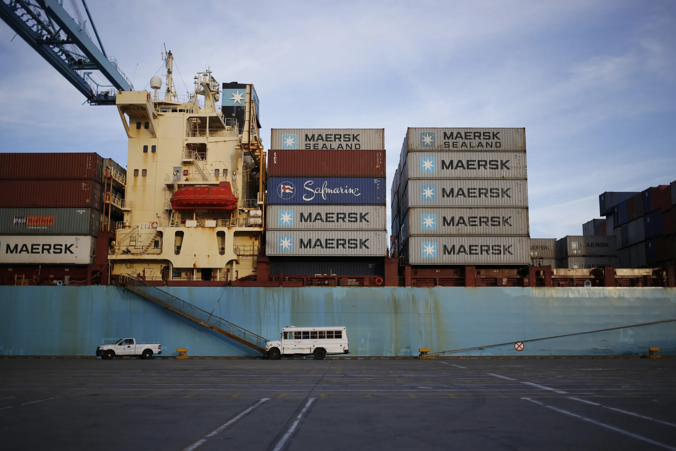 The A.P. Moeller-Maersk A/S Missouri container ship sits docked at the Port of Virginia APM Terminal in Portsmouth, Virginia.