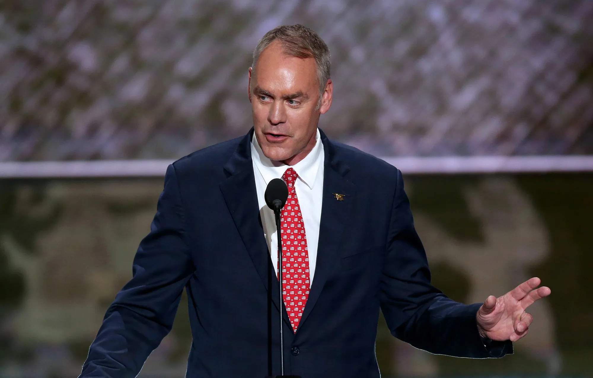 Representative Ryan Zinke, a Republican from Montana, speaks during the Republican National Convention (RNC) in Cleveland, Ohio, on Monday, July 18, 2016.
