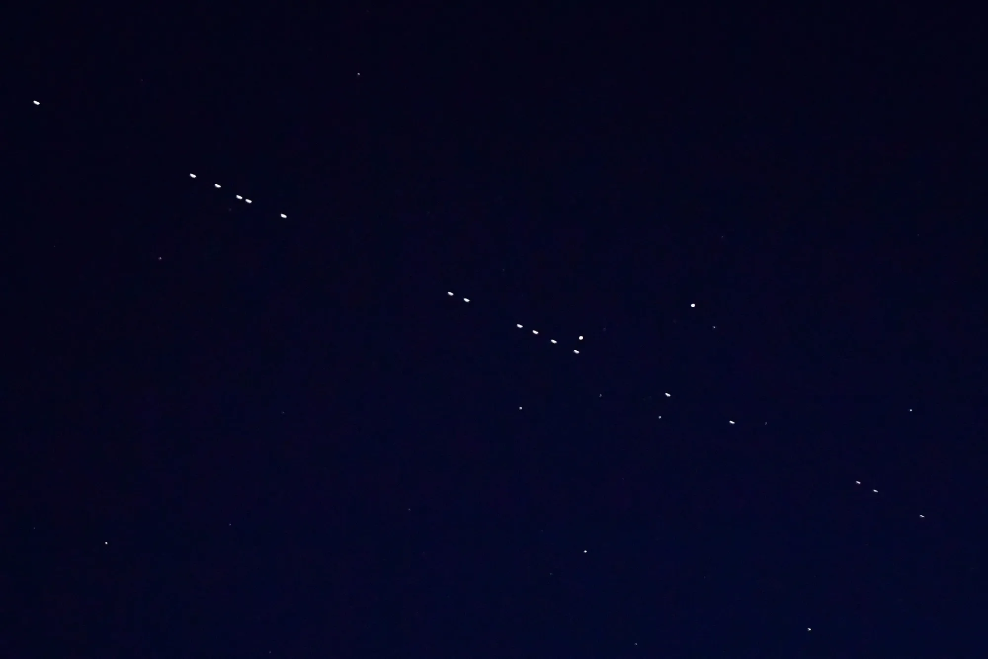Sixty Starlink satellites as seen in the night sky from Vladivostok, Russia, on April 27. The satellites were launched into orbit five days earlier, on SpaceX’s Falcon 9 rocket, from NASA’s Kennedy Space Center at Cape Canaveral.