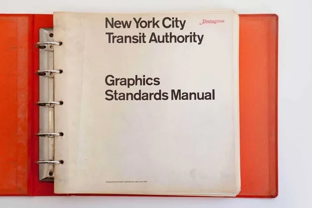 This rare copy of the New York City Transit Authority Graphic Standards Manual, discovered in 2012 in the basement of Pentagram Design, still bears  its owner's stamp