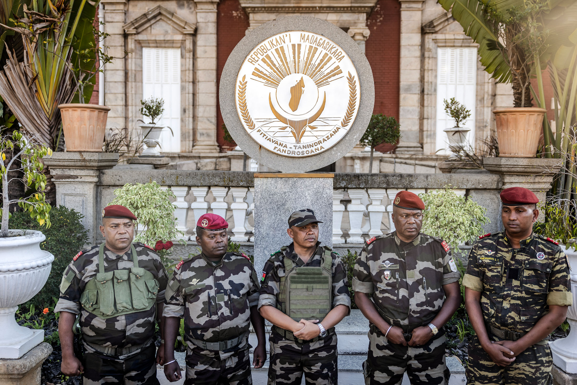 Colonel Michael Randrianirina, center, in front of the presidential palace, in Antananarivo, Madagascar, on Oct. 14. Photographer: Luis Tato/AFP/Getty Images