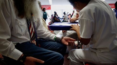 A healthcare aide checks the vitals of a patient during a clinic event in Los Angeles, California.