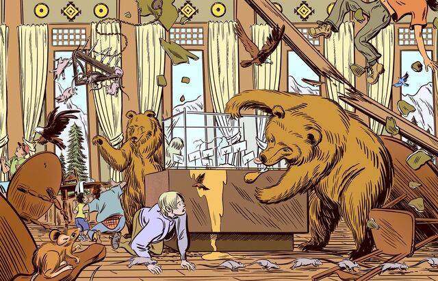 illustration of bears and animals inside building at Yosemite