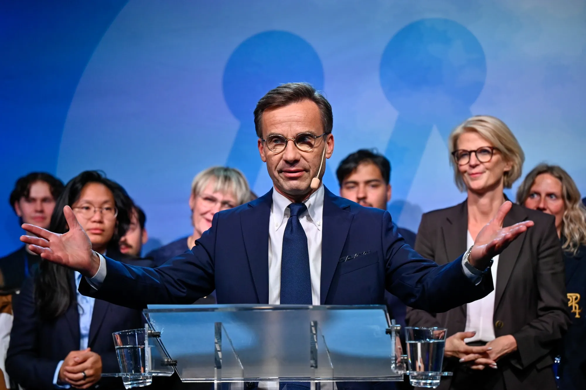 Ulf Kristersson, leader of the Moderate Party, reacts during the party's election night event in Stockholm, Sweden, on&nbsp;Sept. 12, 2022.