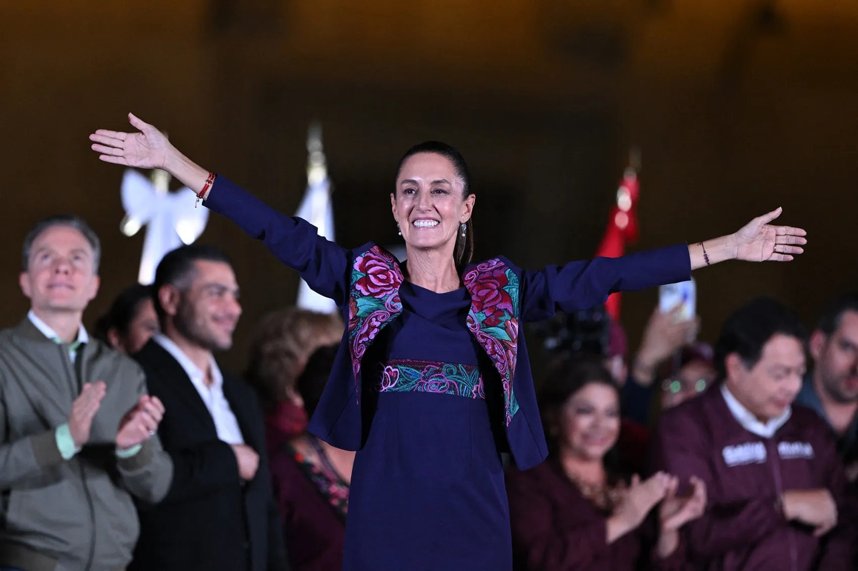 Claudia Sheinbaum celebrates following the results of the election at Zocalo Square in Mexico City on June 3.
