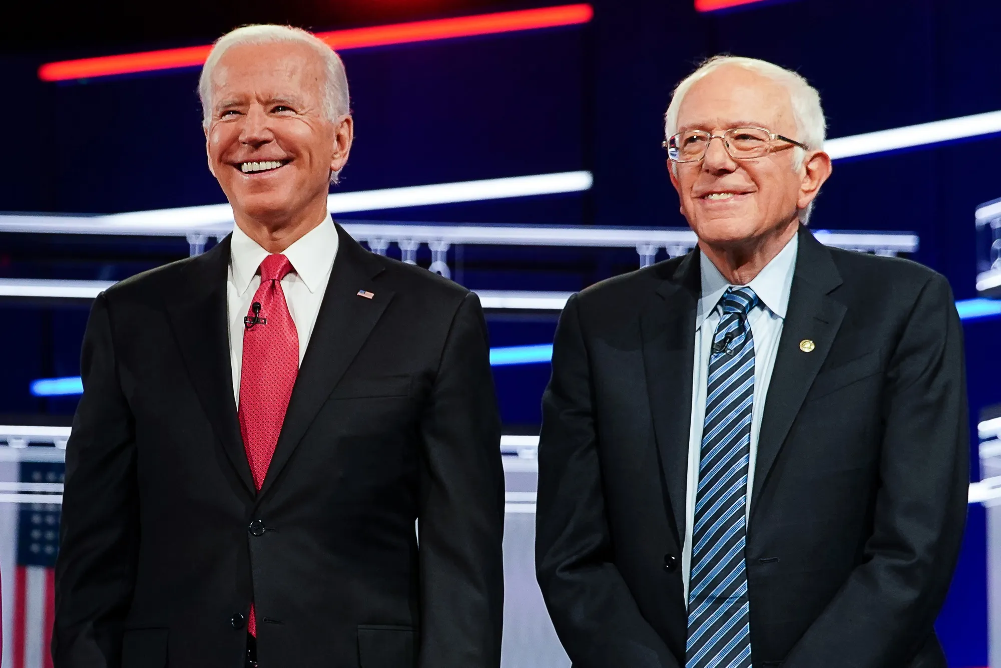 Joe Biden&nbsp;and Bernie Sanders attend&nbsp;the Democratic presidential debate in Atlanta on Nov. 20, 2019.&nbsp;