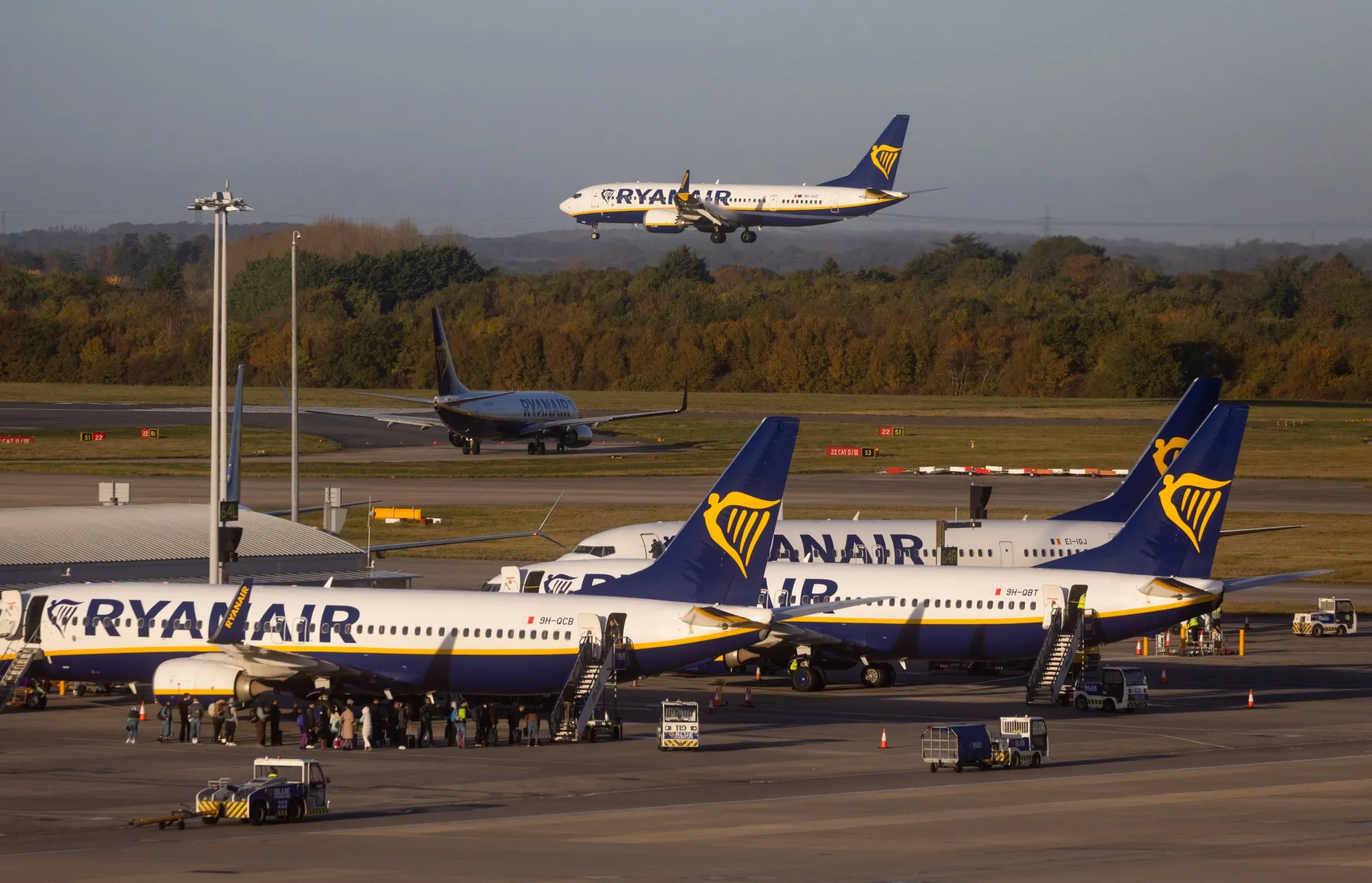 Passenger aircraft operated by Ryanair Holdings at London Stansted Airport.