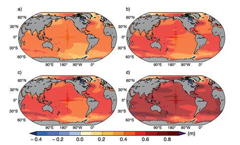 A graphic from the United Nations Intergovernmental Panel on Climate Change illustrating projections of sea level rise at the end of this century for different scenarios of greenhouse gas concentration pathways. Diagram D represents the worst-case or business-as-usual scenario.