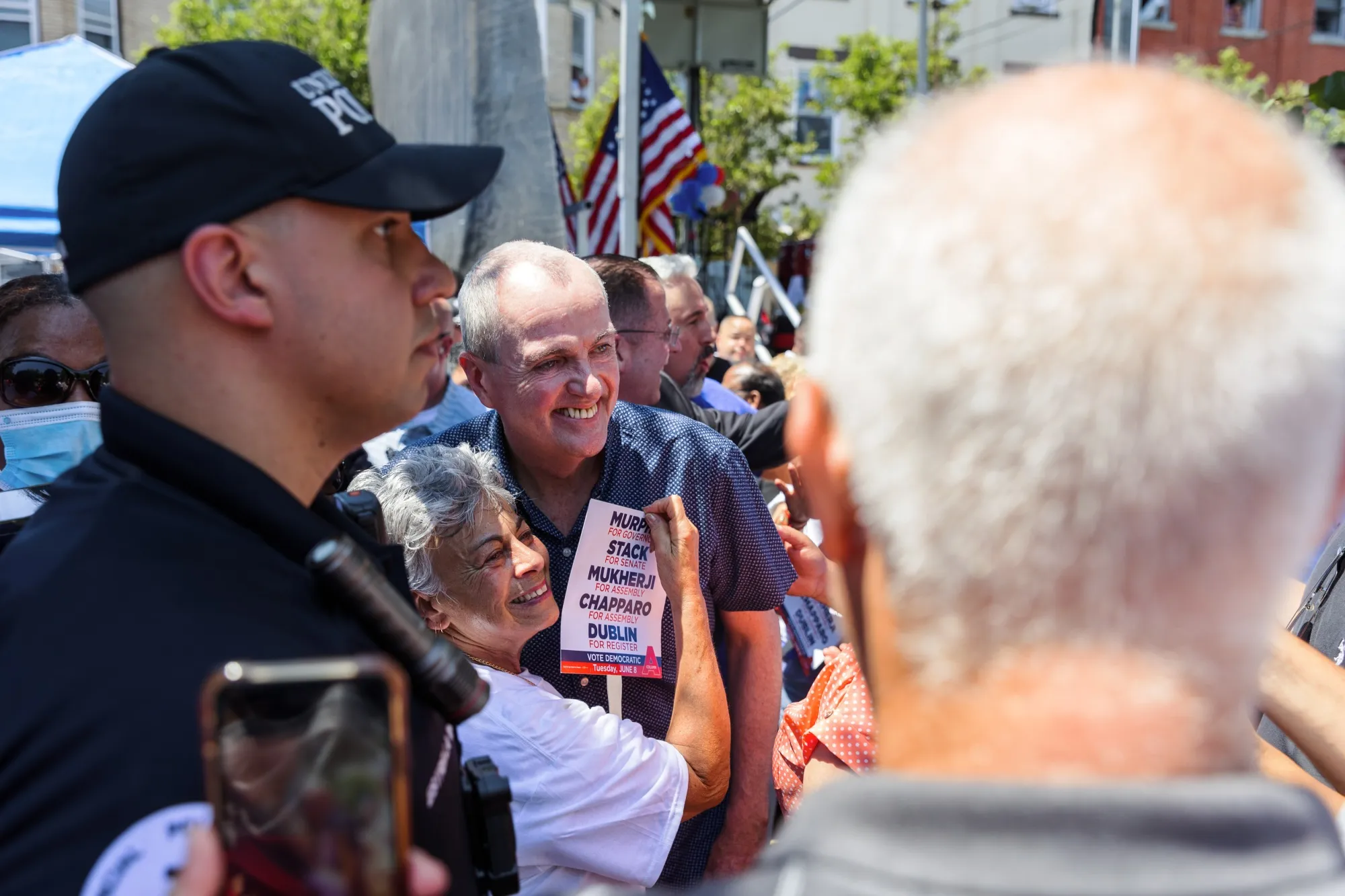 Phil Murphy, center, takes a photo with supporters during a ‘Get Out The Vote’ rally in Union City, New Jersey, on June 5.