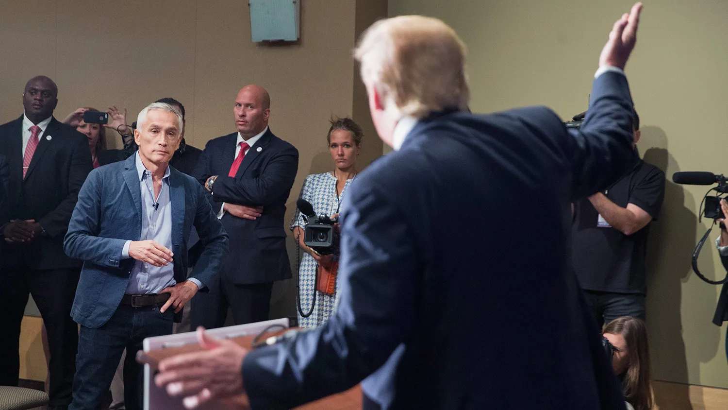 DUBUQUE, IA - AUGUST 25: Republican presidential candidate Donald Trump fields a question from Univision and Fusion anchor Jorge Ramos during a press conference held before his campaign event at the Grand River Center on August 25, 2015 in Dubuque, Iowa. Earlier in the press conference Trump had Ramos removed from the room when he failed to yield when Trump wanted to take a question from a different reporter. Trump leads most polls in the race for the Republican presidential nomination.
