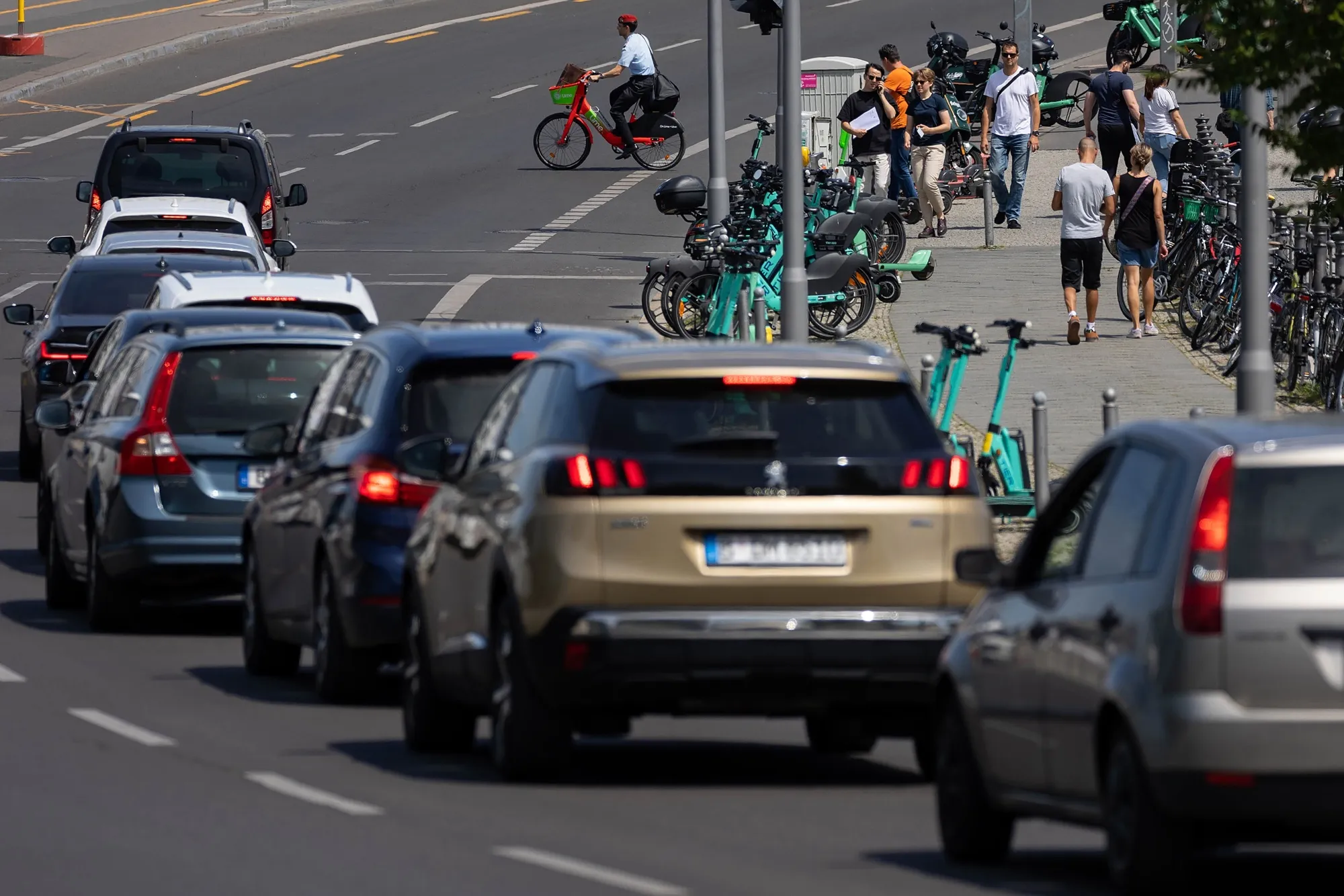 Motorists wait in traffic at a junction in Berlin, Germany.