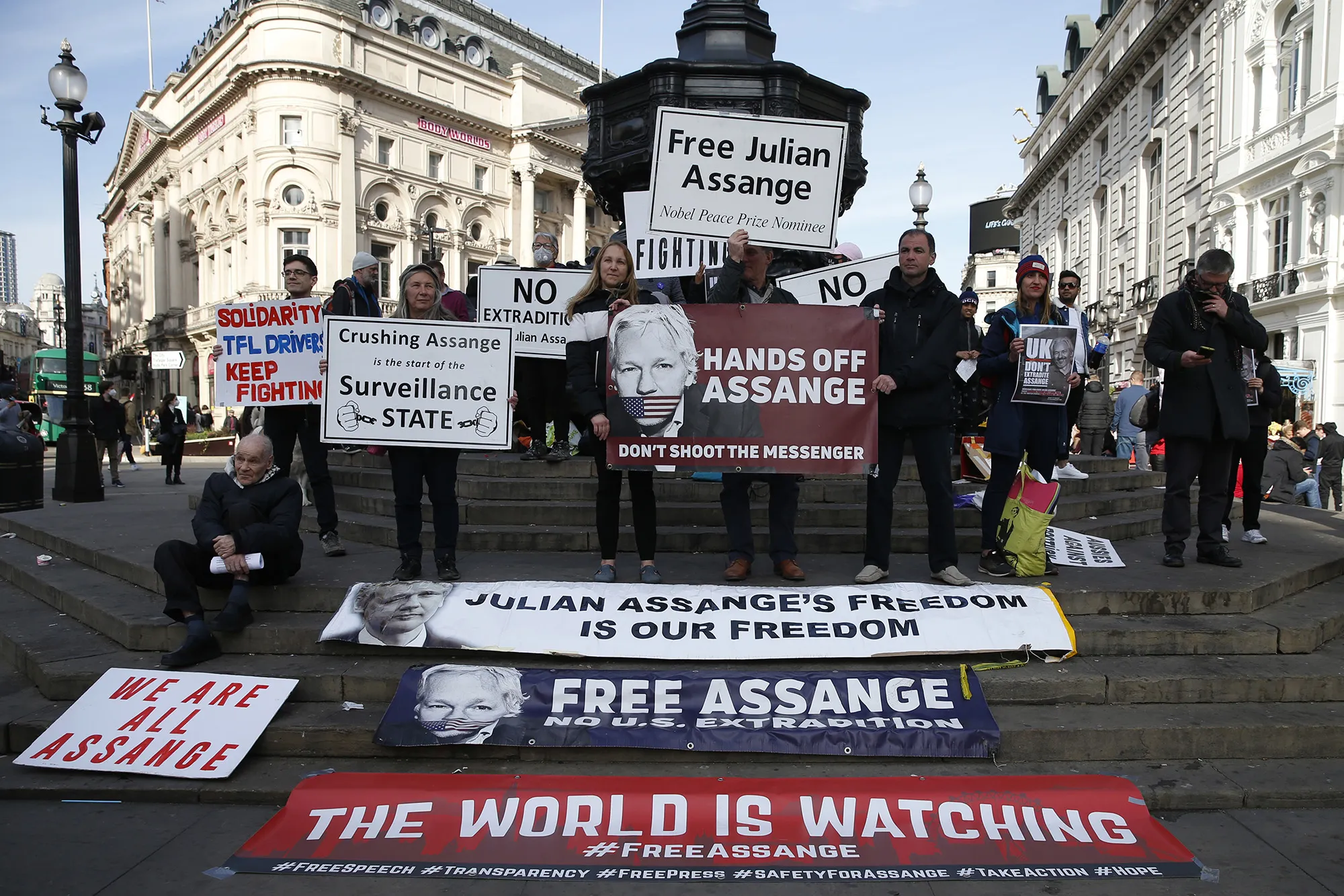Assange supporters demonstrate&nbsp;at Piccadilly Circus in London on April 17.