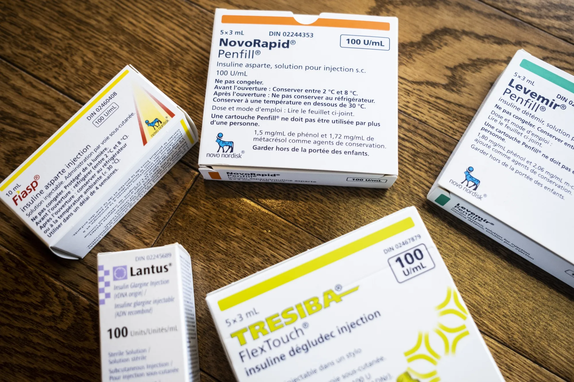 A selection of Novo Nordisk Inc. branded insulin is arranged for a photograph during a campaign event at Olde Walkerville Pharmacy in Windsor, Ontario, Canada, on Sunday, July 28, 2019. Senator Bernie Sanders, an Independent from Vermont and 2020 presidential candidate, joined people with type 1 diabetes on a bus trip from Detroit, Michigan to Canada to purchase insulin for one-tenth of the price sold in the U.S.