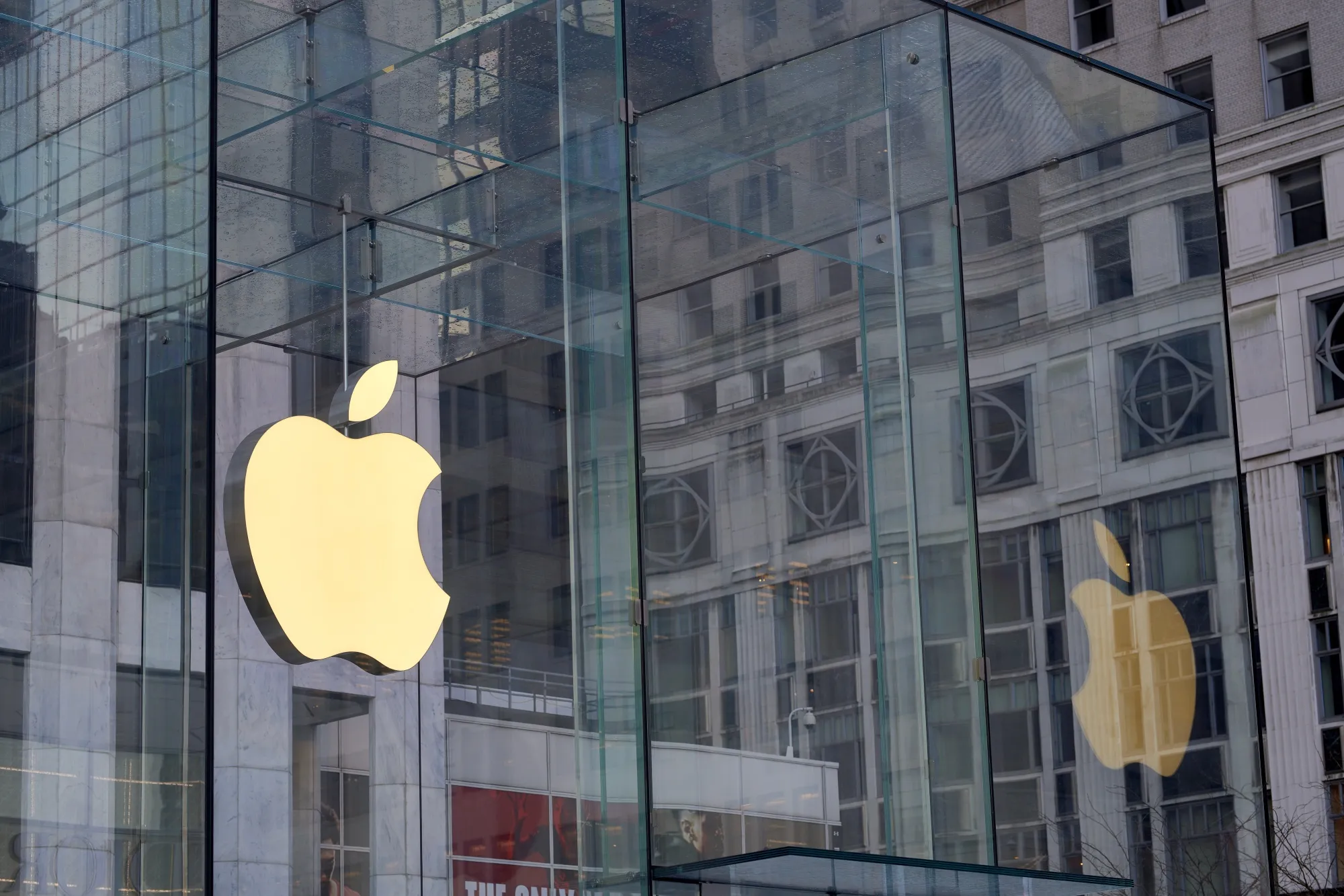 The Apple logo outside the flagship store in New York, U.S., on Friday, March 18, 2022.&nbsp;