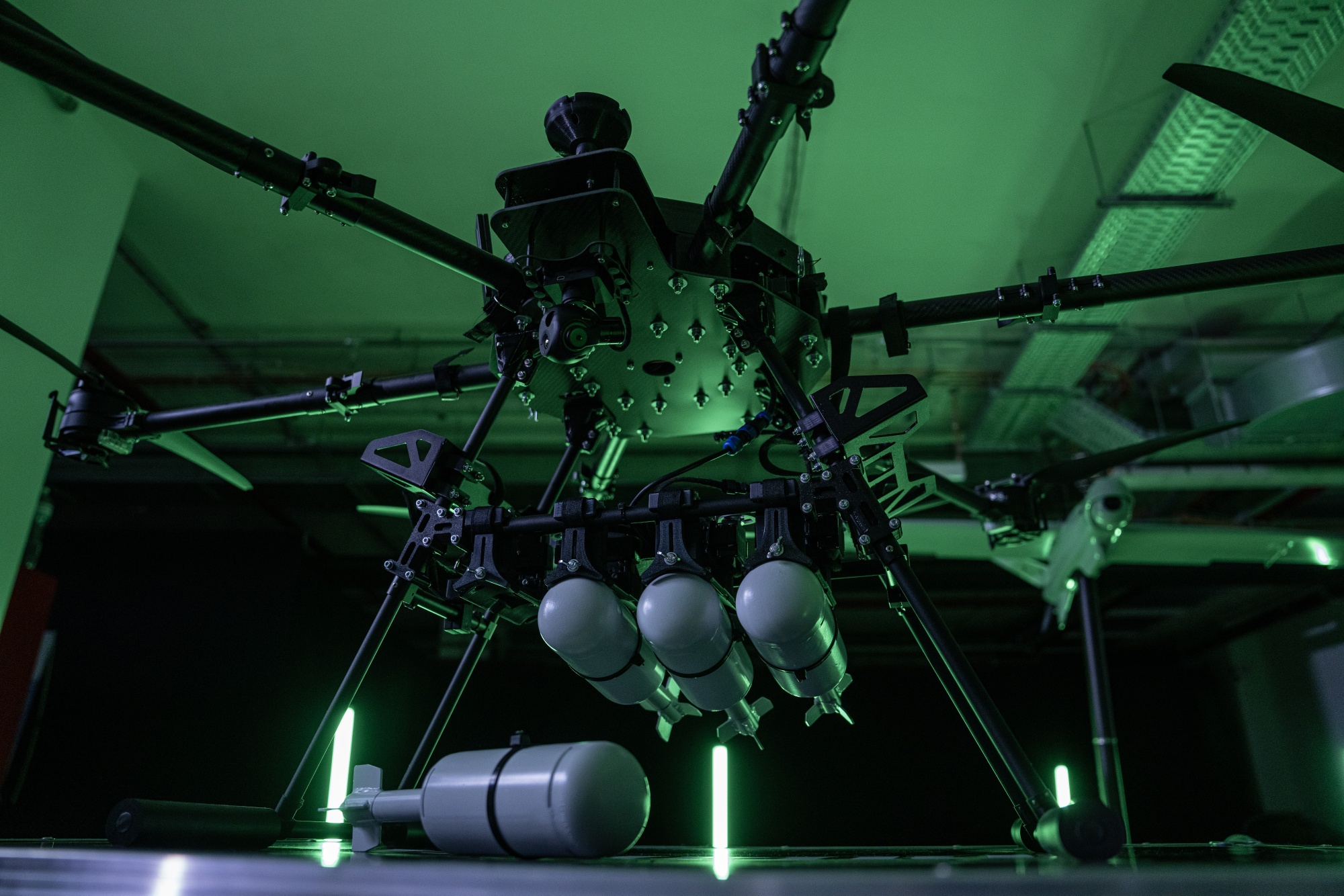 A "Vampire" strike drone during a presentation of drone military hardware of the Unmanned Systems Force of the Ukraine Armed Forces in Kyiv, Ukraine, on Tuesday, June 11, 2024. Ukraine demonstrated various types of remotely-operated unmanned robotic systems used by the Ukrainian military.