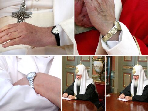 Clockwise from top left: Pope Francis prefers a plastic Swatch or Casio that costs less than a paperback copy of the Bible; Pope John Paul II allowed himself a rare luxury indulgence, a signature Rolex; a side-by-side comparison of the Breguet timepiece of Patriarch Kirill, primate of the Russian Orthodox Church, retouched out of the original shot (left); Pope Benedict's upscale watch.